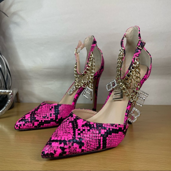 NEW Bebe Women’s Pink Fuchsia Snake Print’ Decor’ Ankle Strap Stiletto Heels - Picture 2 of 4
